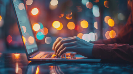 Hands typing on a laptop keyboard at night, with colorful bokeh lights in the background creating a dynamic and modern atmosphere.