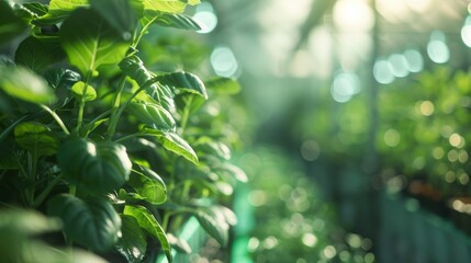 Poster - Hazy scene of a hidden aquaponics farm utilizing technology to create an optimized growing environment.