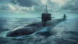 © sornram - A stealthy submarine cuts through choppy waters, its silhouette disappearing into the stormy sky.