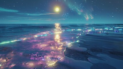 Wall Mural - light blue beach covered with colorful waves, fluorescent ocean, moonlight, sparkling stars, 3d, ultra-wide view, aerial view, stars on the ocean moonlight