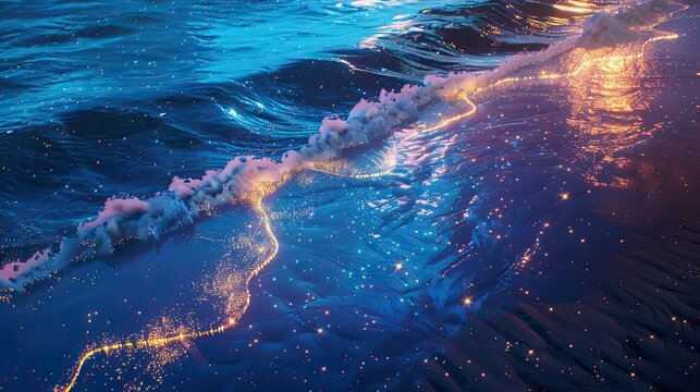 light blue beach covered with colorful waves, fluorescent ocean, moonlight, sparkling stars, 3d, ultra-wide view, aerial view, stars on the ocean moonlight