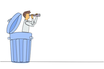 Wall Mural - Single continuous line drawing businessman emerges from a trash can looking for something through binoculars. Entrepreneurs are looking for something to scapegoat. One line design vector illustration