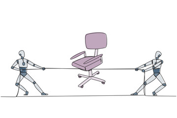 Wall Mural - Single continuous line drawing two robots fighting over an office chair. Competition provides the best service for the boss. Training robot sensitivity. Technology. One line design vector illustration