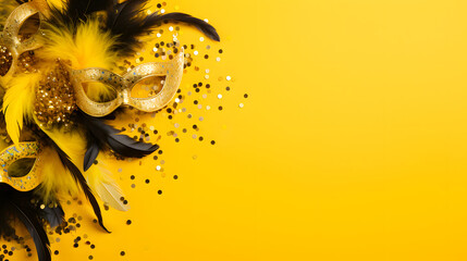 Venetian female mask carnival golden color splash art masquerade mardi gras banner copy space on yellow illustration