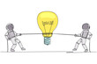 © Simple Line - Single continuous line drawing two astronauts fighting over lightbulb. Compete to find solutions to problems faced outer space. Lack of unity. Cosmonaut deep space. One line design vector illustration