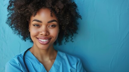 Wall Mural - A woman with curly hair is smiling and wearing a blue scrubs. She is holding a stethoscope