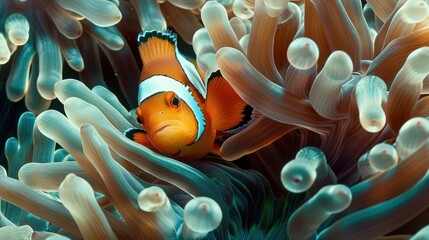 Wall Mural - A clownfish is swimming in a sea anemone