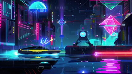 Wall Mural - Illustrate a side view image for a side-scrolling shooter game. The design should be based on the provided references, featuring a neon