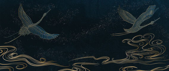 Wall Mural - japanese style art background with cranes and clouds in gold line art. hand drawn vector banner for 
