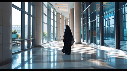 Fototapete - Woman in Hijab Abaya at indoor place ideal for corporate office or University campus concept Saudi Arabia UAE Oman Kuwait Qatar Bahrain education concept : Generative AI