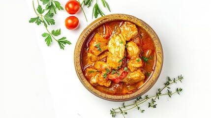 Chakhokhbili  traditional Georgian dish Chicken stewed with tomatoes and herbs isolated on white top view : Generative AI