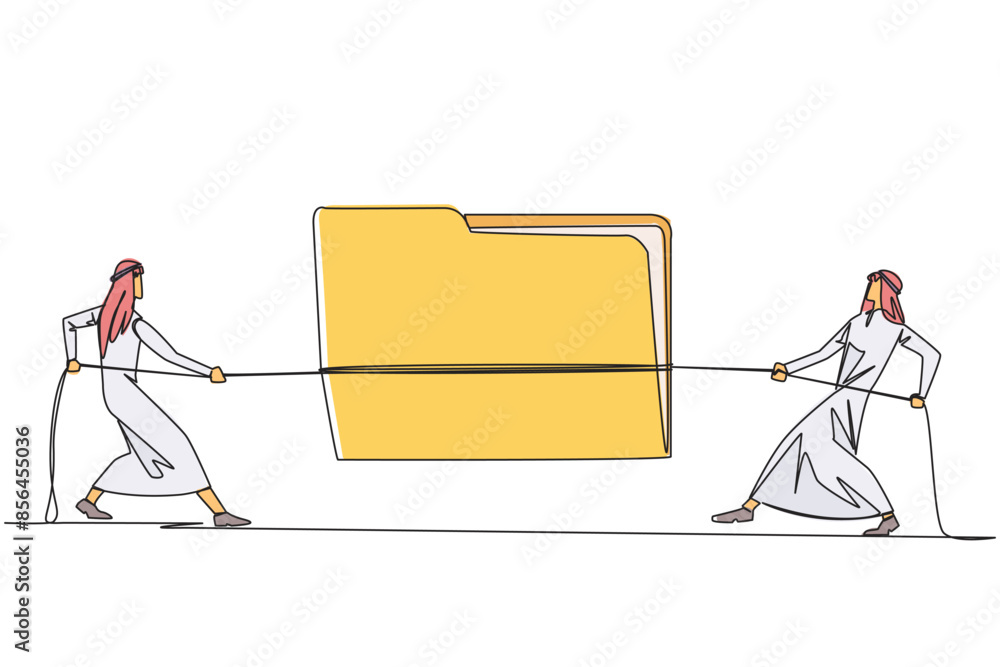 Continuous one line drawing two Arabian businessmen fighting over ...