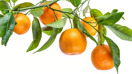 Poster - Fresh orange fruit hang on tree branch with green leaves isolated on white background : Generative AI