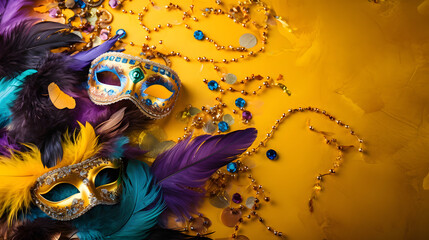 Venetian female mask carnival golden color splash art masquerade mardi gras banner copy space on yellow illustration