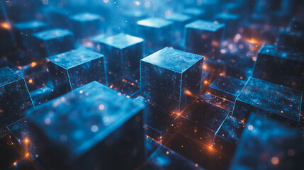 Wall Mural - a close up of a blue cube with a yellow glow. the cubes are arranged in a pattern and the blue color
