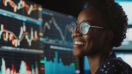 Leinwandbilder - Young African woman trader smiling on happy face looking on screen with valued stock market chart at high profit Concept of exchange investment online in trading application on pc Tast : Generative AI