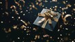 © The Little Hut - Open gift box flying with golden holiday ribbon on dark background Black friday christmas and new year shopping sale promo display Premium product placement in empty present box design : Generative AI