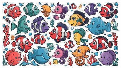 Wall Mural - an illustration set of sea and ocean animals in vector cartoon style, showcasing adorable and vibrant underwater creatures, all isolated on a white background