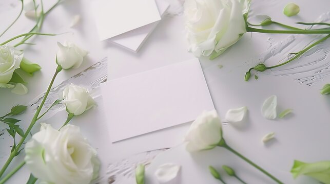 Two empty 5x35 card mockup with blooming white eustoma lisianthus flowers design element for wedding invitation thank you or greeting card Spring background : Generative AI