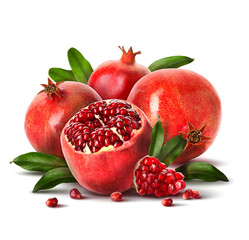 Canvas Print - Ripe pomegranates with green leaves isolated on white