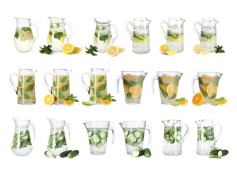 Canvas Print - Glass jugs with refreshing drinks isolated on white, set