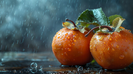 Wall Mural - Two ripe persimmons with water droplets, captured in a rainy environment, highlighting freshness and natural beauty.