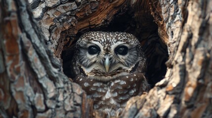 northern spotted owl peeking from tree hollow