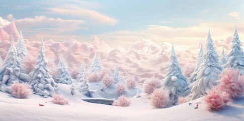 Wall Mural - holiday zoom background with snow - covered trees, blue sky, and white clouds