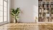 © The Little Hut - Empty living room white bookshelf vase of plant lamp home house concept brown parquet : Generative AI