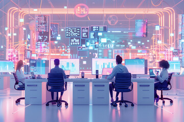 Wall Mural - Futuristic people working in modern business technology office with holographic display. Artificial intelligence to optimize workflow and analyze complex data.	
