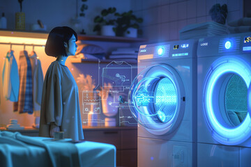 Wall Mural - Woman using futuristic washing machine in laundry room with and holographic displaying controls digital high technology appliances and interfaces in smart modern home.