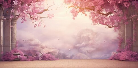 Canvas Print - outside background with pink trees and flowers, featuring a pink tree and a pink and white wall