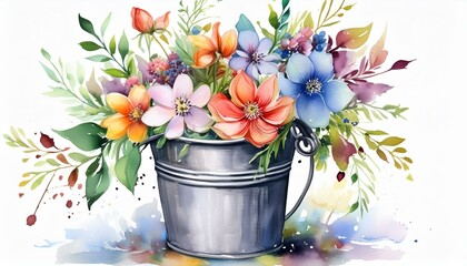 Wall Mural - tin bucket with flowers watercolor illustration