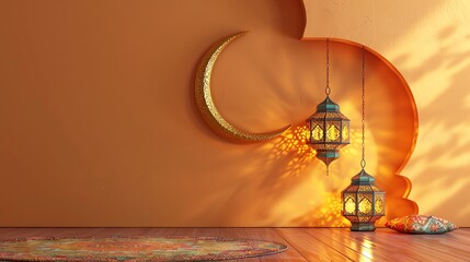 Wall Mural - Islamic decoration background with crescent moon, lantern cartoon style, ramadan kareem, eid al fitr, copy space text area, 3D illustration, banner, podium