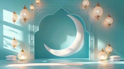 Wall Mural - Islamic decoration background with crescent moon, lantern cartoon style, ramadan kareem, eid al fitr, copy space text area, 3D illustration, banner, podium