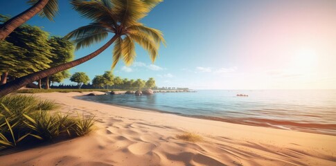 Wall Mural - summer background images featuring a serene beach scene with calm blue waters, a clear blue sky, and a lush green tree
