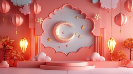 Wall Mural - Islamic decoration background with crescent moon, lantern cartoon style, ramadan kareem, eid al fitr, copy space text area, 3D illustration, banner, podium