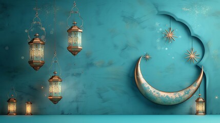 Wall Mural - Islamic decoration background with crescent moon, lantern cartoon style, ramadan kareem, eid al fitr, copy space text area, 3D illustration, banner, podium