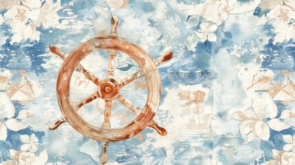 Wall Mural - Sea pattern with a watercolor rendering of a ship s wheel