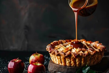 Wall Mural - Pouring caramel sauce on apple pie