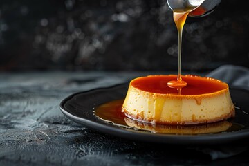 Wall Mural - Pouring caramel sauce on flan