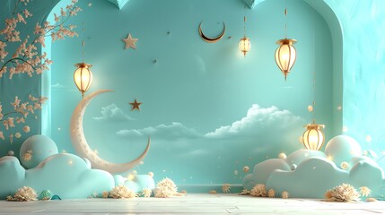 Wall Mural - Islamic decoration background with crescent moon, lantern cartoon style, ramadan kareem, eid al fitr, copy space text area, 3D illustration, banner, podium