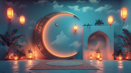 Wall Mural - Islamic decoration background with crescent moon, lantern cartoon style, ramadan kareem, eid al fitr, copy space text area, 3D illustration, banner, podium