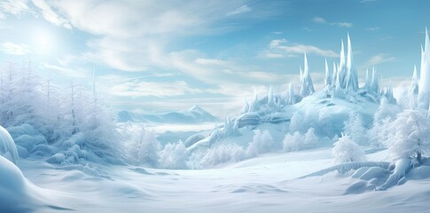 Wall Mural - winter backgrounds with snow - covered trees and mountains under a blue sky with white clouds