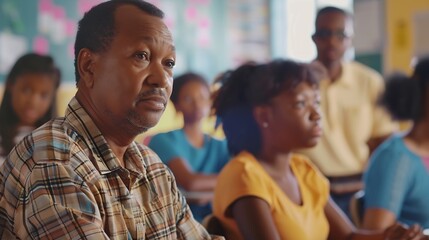 African American adult education teacher assisting his students during a course in the classroom Focus is on mature woman : Generative AI