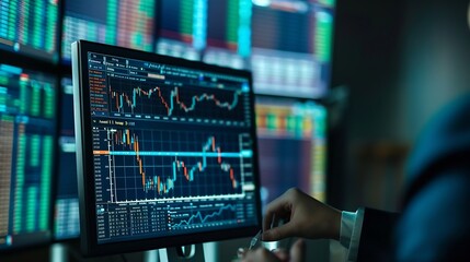 Leinwandbilder - Computer screen stock market and business person reading typing or work on IPO equity trade analytics or cryptocurrency Data analysis workplace and back of corporate broker review fina : Generative AI