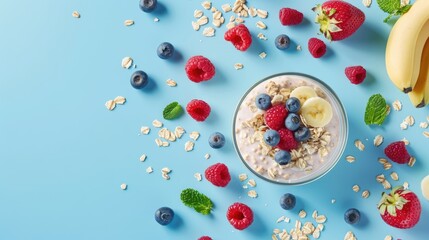 Wall Mural - Tasty morning meal with oats fruit and yogurt on blue backdrop