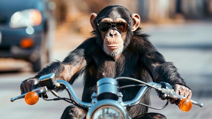 Wall Mural - Image of cool chimpanz monkey wearing sunglasses is riding a chopper motorcycle
