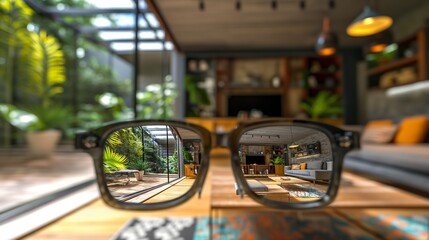 Wall Mural - Cozy Modern Living Room Seen Through Glasses with Indoor Greenery