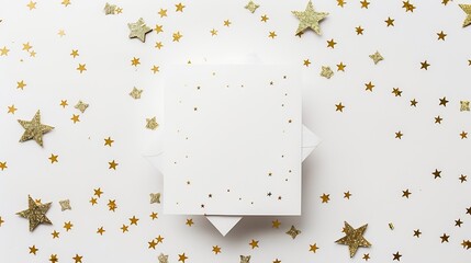 Poster - White blank paper square card mockup and golden various sizes stars confetti on white Christmas background Minimal Christmas or New year aesthetic template Flat lay top view : Generative AI